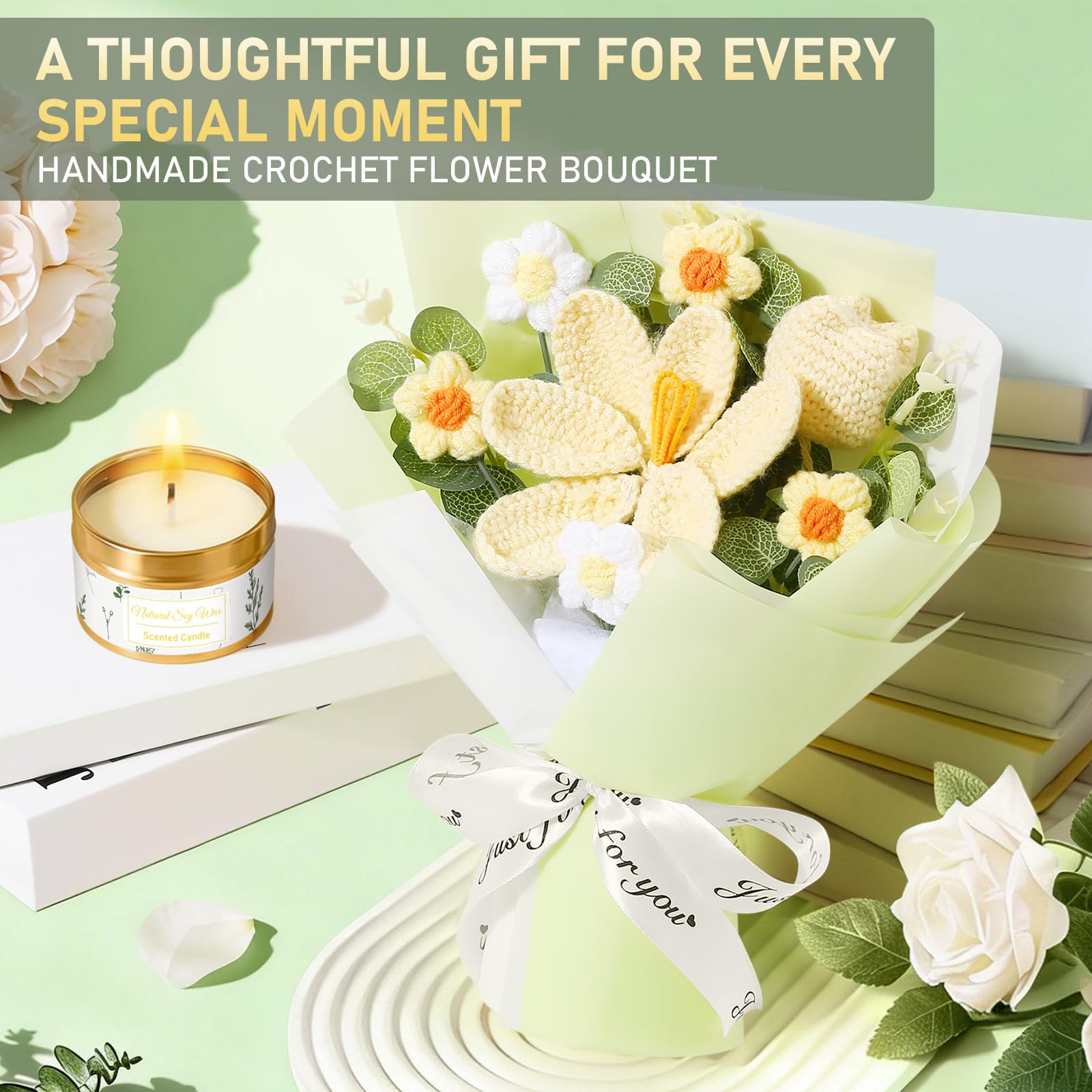 Birthday Gifts for Women, Gift Baskets for Women Self Care Spa Set, Get Well Care Package Inspirational Relaxation Mothers Day Gifts with Crochet Flower Bouquet for Mom Friend Sister