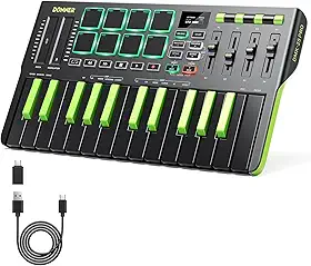 Donner Controlador de Teclado Midi Dmk25 Pro, Controlador Midi Portátil Usb-C com 25 Mini Teclas, 8 Pads de Bateria, Tela Oled, Barra de Toque Personalizável, Software de Produção Musical e 40 Cursos