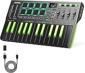 Donner Controlador de Teclado Midi Dmk25 Pro, Controlador Midi Portátil Usb-C com 25 Mini Teclas, 8 Pads de Bateria, Tela Oled, Barra de Toque Personalizável, Software de Produção Musical e 40 Cursos