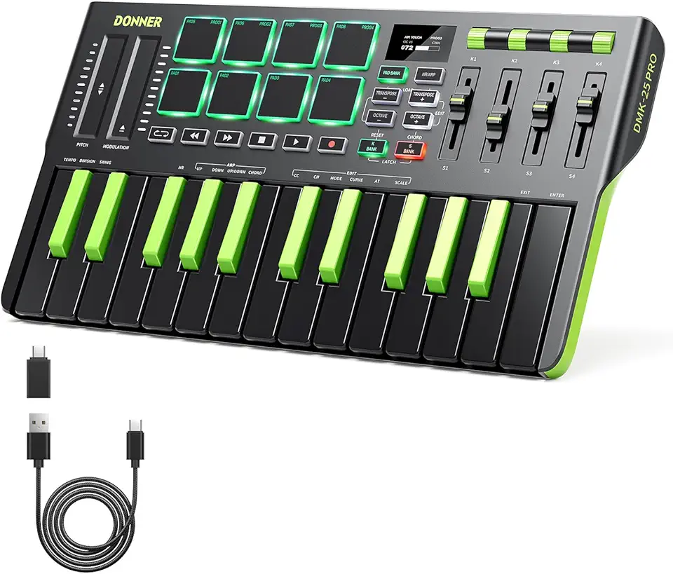Donner Controlador de Teclado Midi Dmk25 Pro, Controlador Midi Portátil Usb-C com 25 Mini Teclas, 8 Pads de Bateria, Tela Oled, Barra de Toque Personalizável, Software de Produção Musical e 40 Cursos