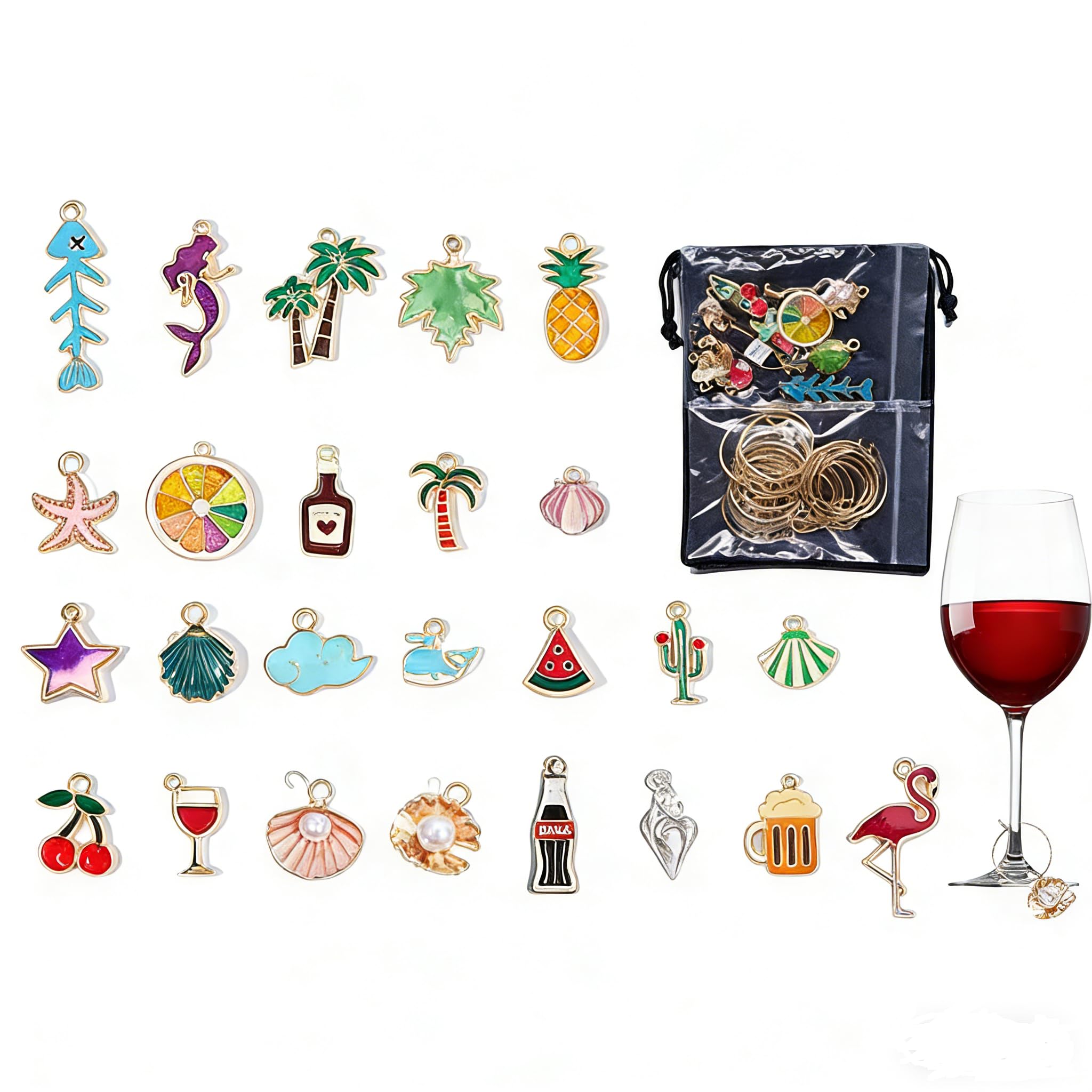 IUSOT Glasmarkierer Weinglas Anhänger Set - 30 Stück Edelstahl Weinglas Charms mit Aufbewahrungstasche, Wiederverwendbare Glasmarkierungen für Party/Weinverkostung