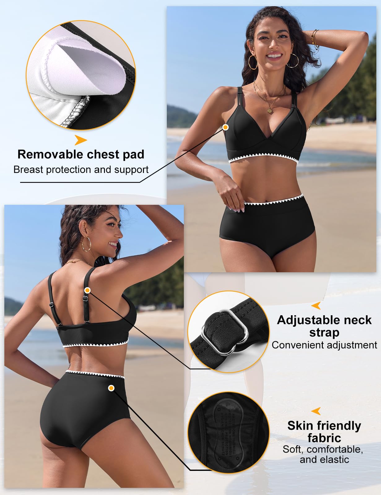 Maillot de Bain Femme 2 Pieces Taille Haute Bikini Set Col V Ensemble Chic et Elegant avec Dentelle Blanche