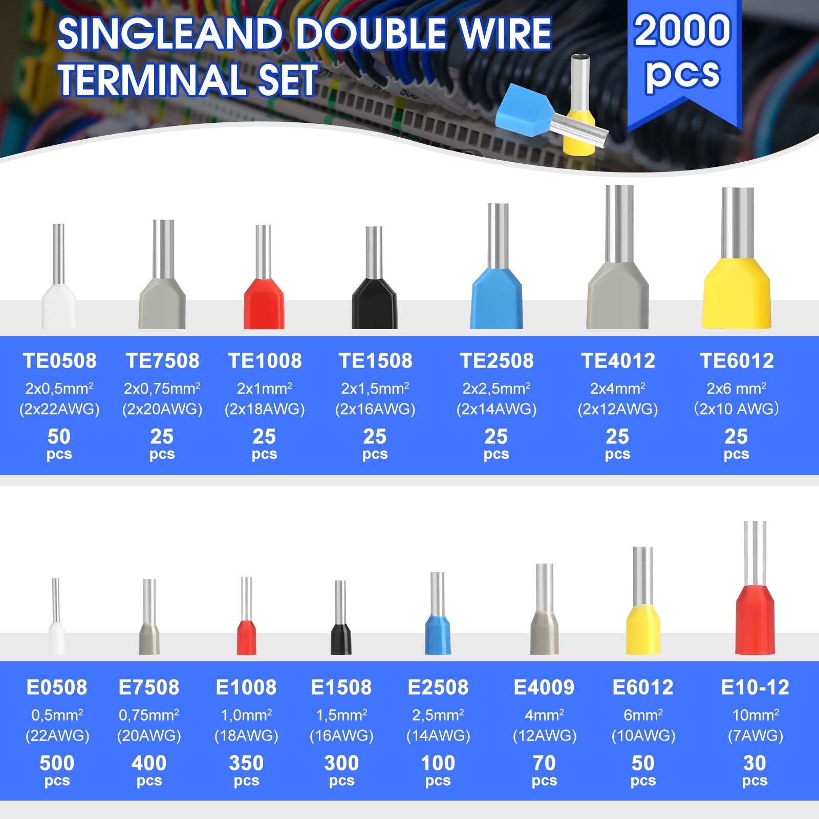 2000 Piece Wire End Ferrules Set, 0.5 mm², 10 mm² Twin Wire End Ferrules and Single Line Ferrules Set - Image 2