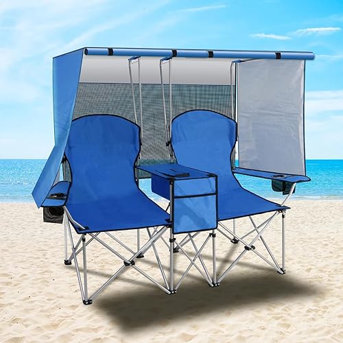 PLKO Silla de camping doble portátil con pantalla de toldo, sillas de playa resistentes para adultos, silla de playa plegable con bolsa enfriadora