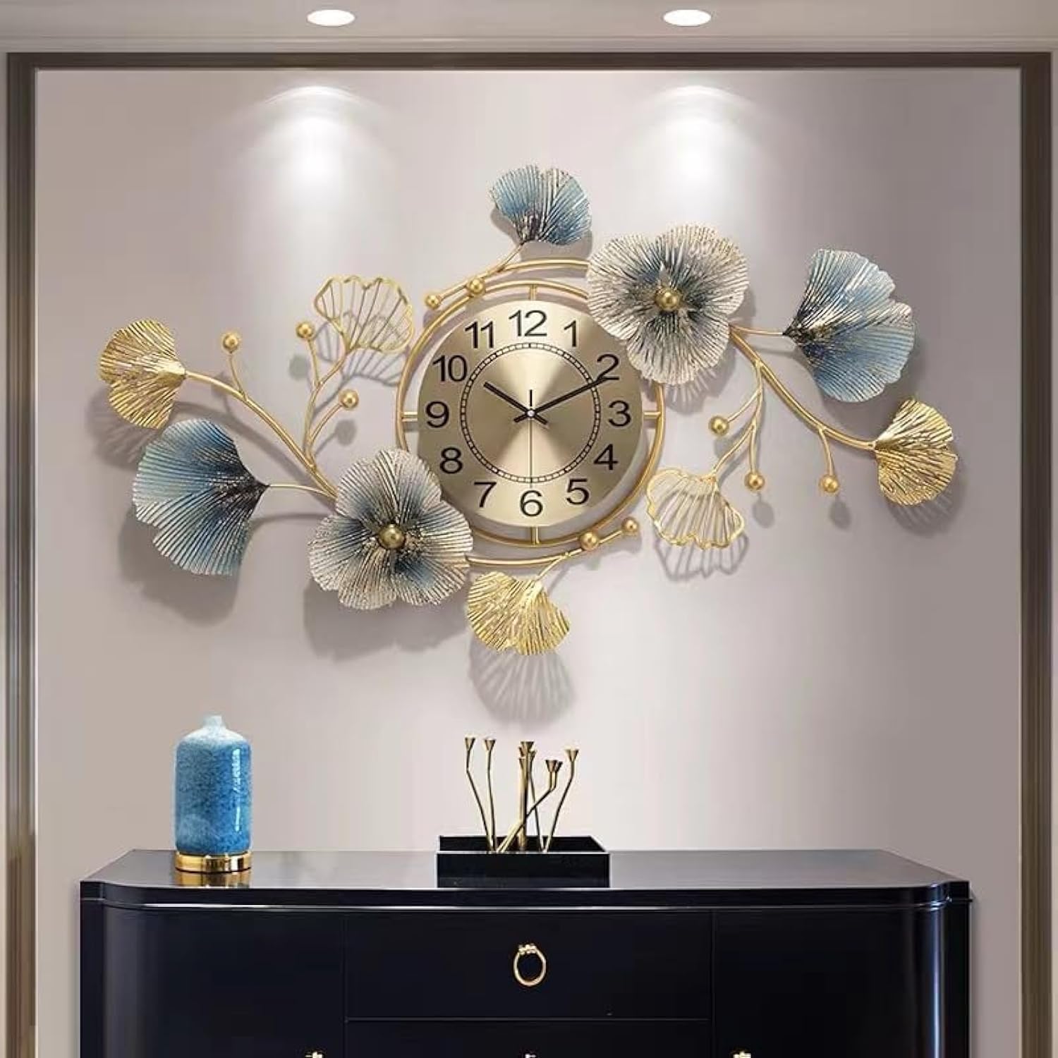 Ricjurzzty 37 Inch Large Wall Clock Silent Non-Ticking Decorative Clock 3D3D Creative Metal Ginkgo Leaf Decoration Clock Unique Design Fancy Wall Clock for Living Room, Bedroom, Office, Home