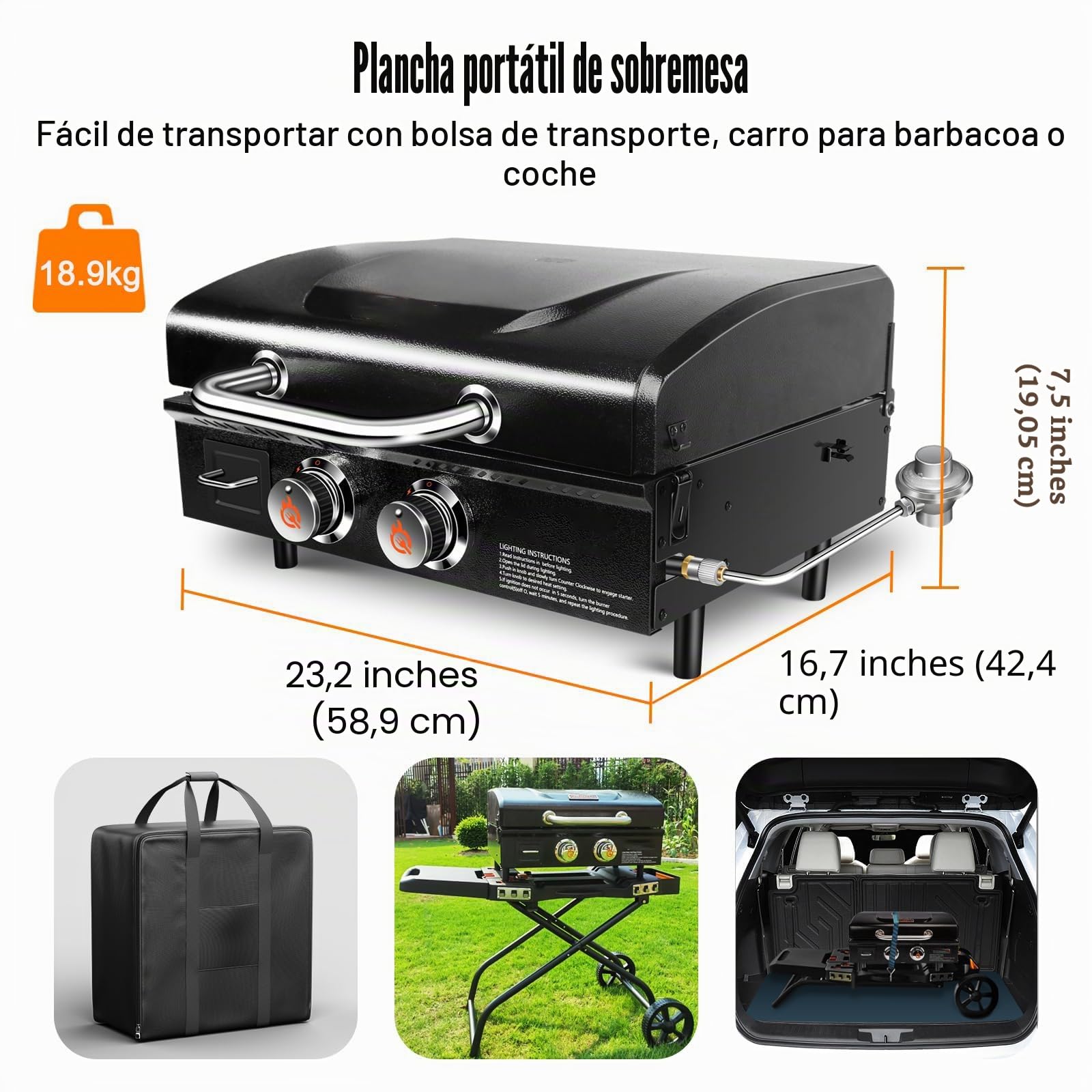 GFTIME Barbacoa de mesa con 2 quemadores, parrilla plancha de gas con parte superior plana, barbacoa de propano con bolsa de transporte, 55,9 cm, 43.800 BTU, revestimiento antiadherente cerámico con