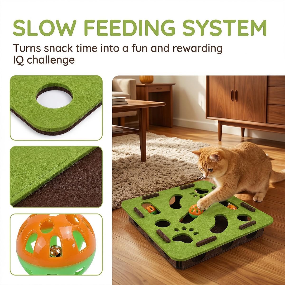 Labyrinthe Jouet en Feutre pour Chat Vert/Marron - 30 x 30 x 7 cm avec 3 Boules Cloches Boîte à gratter Puzzle interactif en Feutre Fenêtre Interactive pour Chats et Chatons
