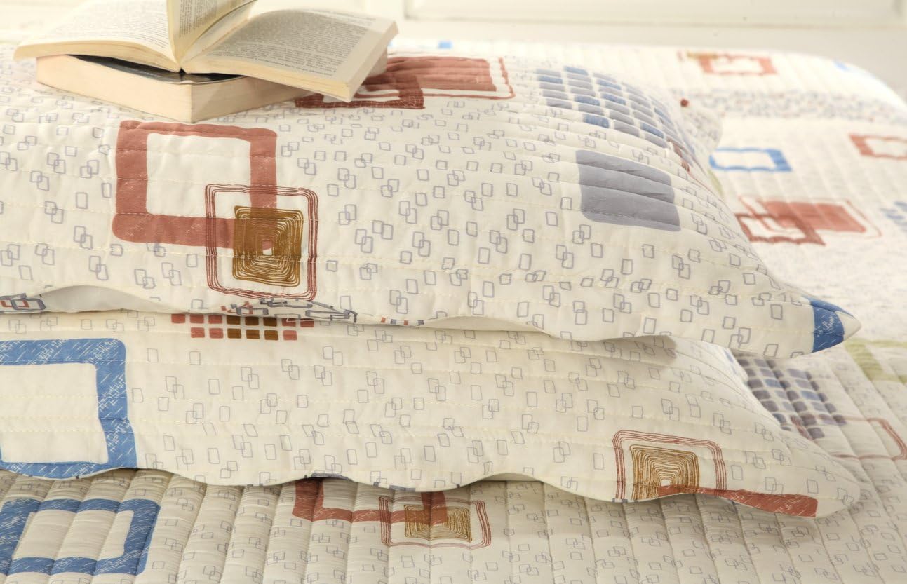 Tache Farmhouse 3 Piece Cream White Cubic Square Geometric Lightweight Reversible Bedspread Quilt Set, Queen