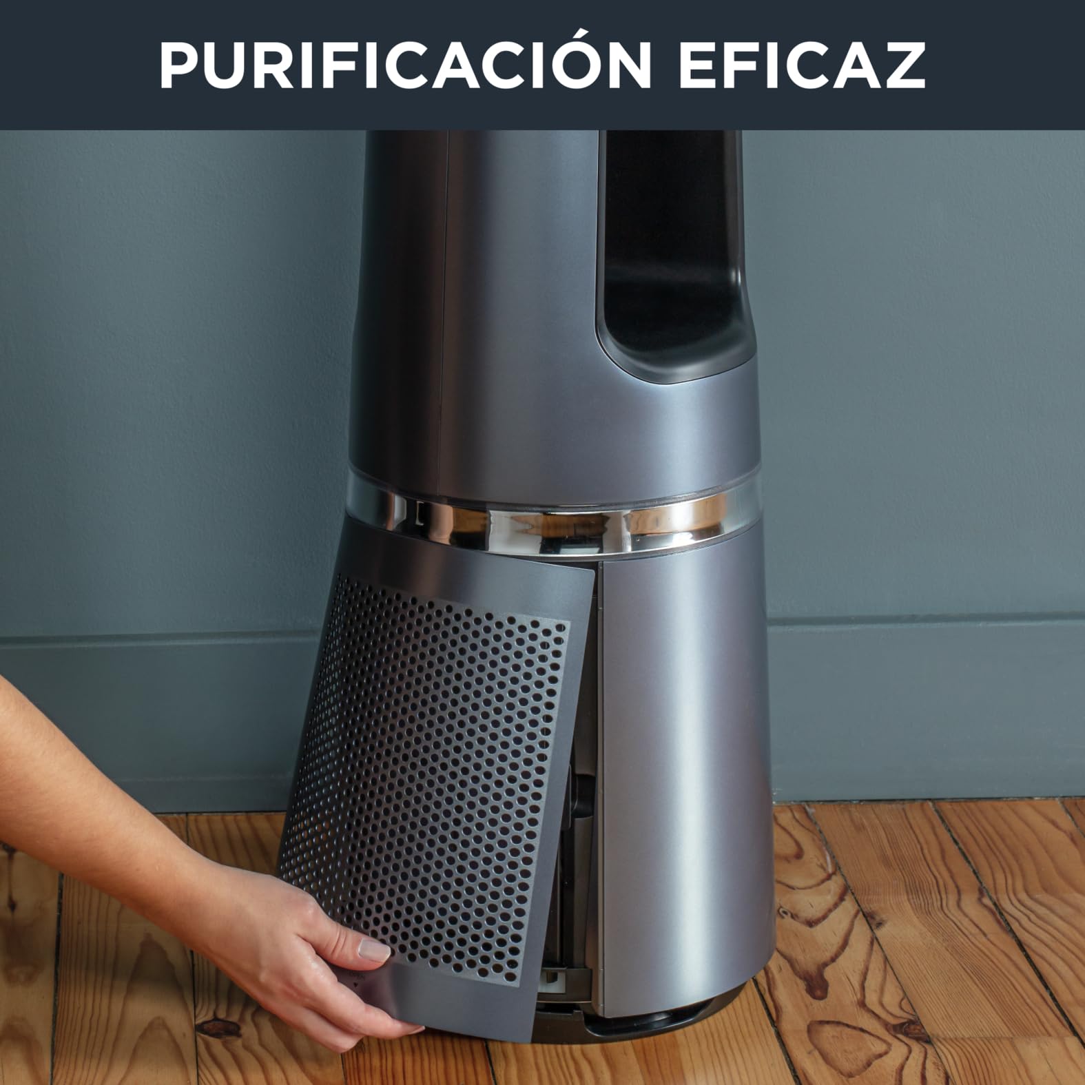 Rowenta 2 en 1 Purificador de Aire y Ventilador, 12 Velocidades, Oscilación, Filtra Partículas Finas hasta el 99,95%, Silencioso, Mando a Distancia, Plata, Eclipse, QU5030