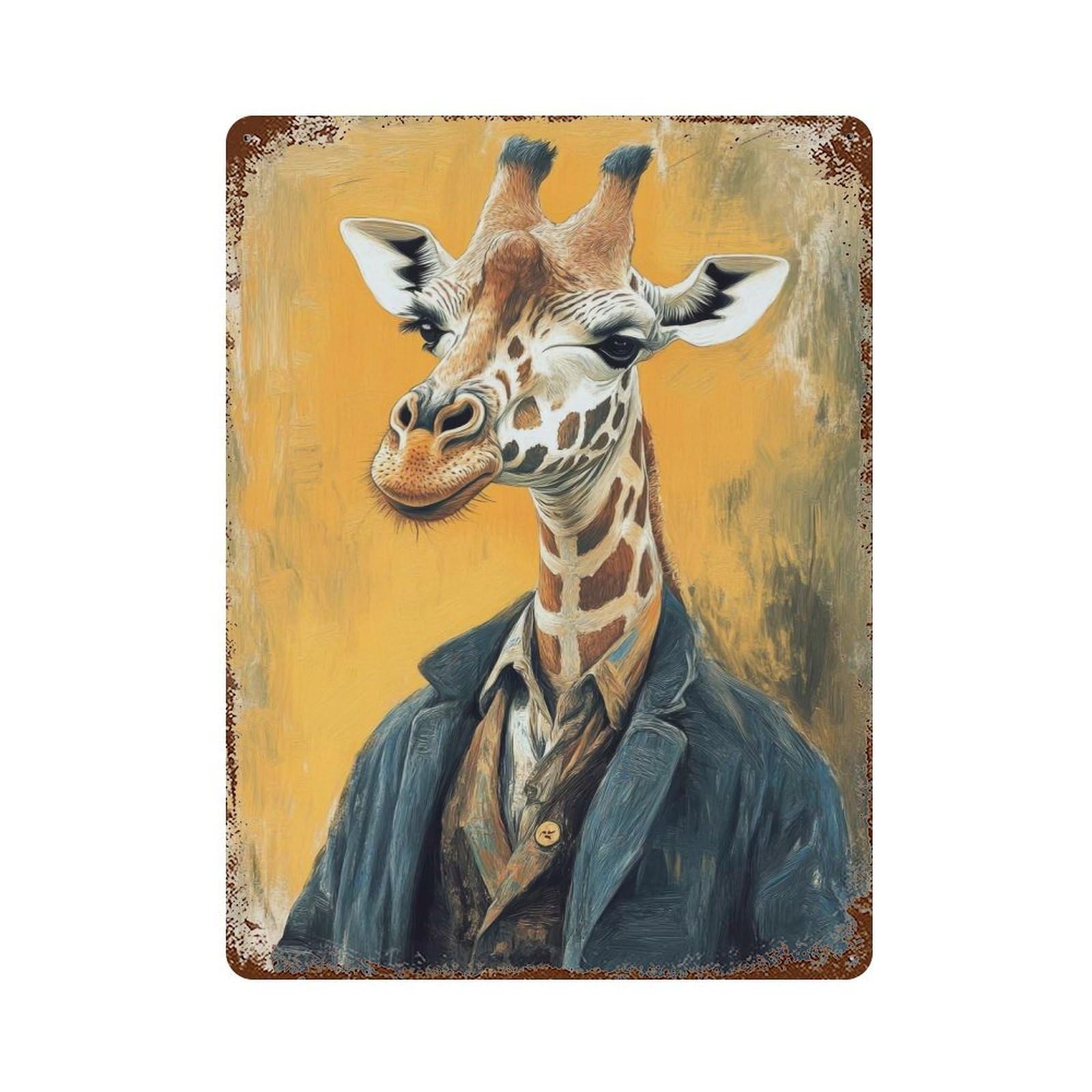 Distressed Metal Wall Sign Giraffe in Suit 15.7"x11.8", Retro Wall Decor for Basement, Hobby Room And Garage Decor