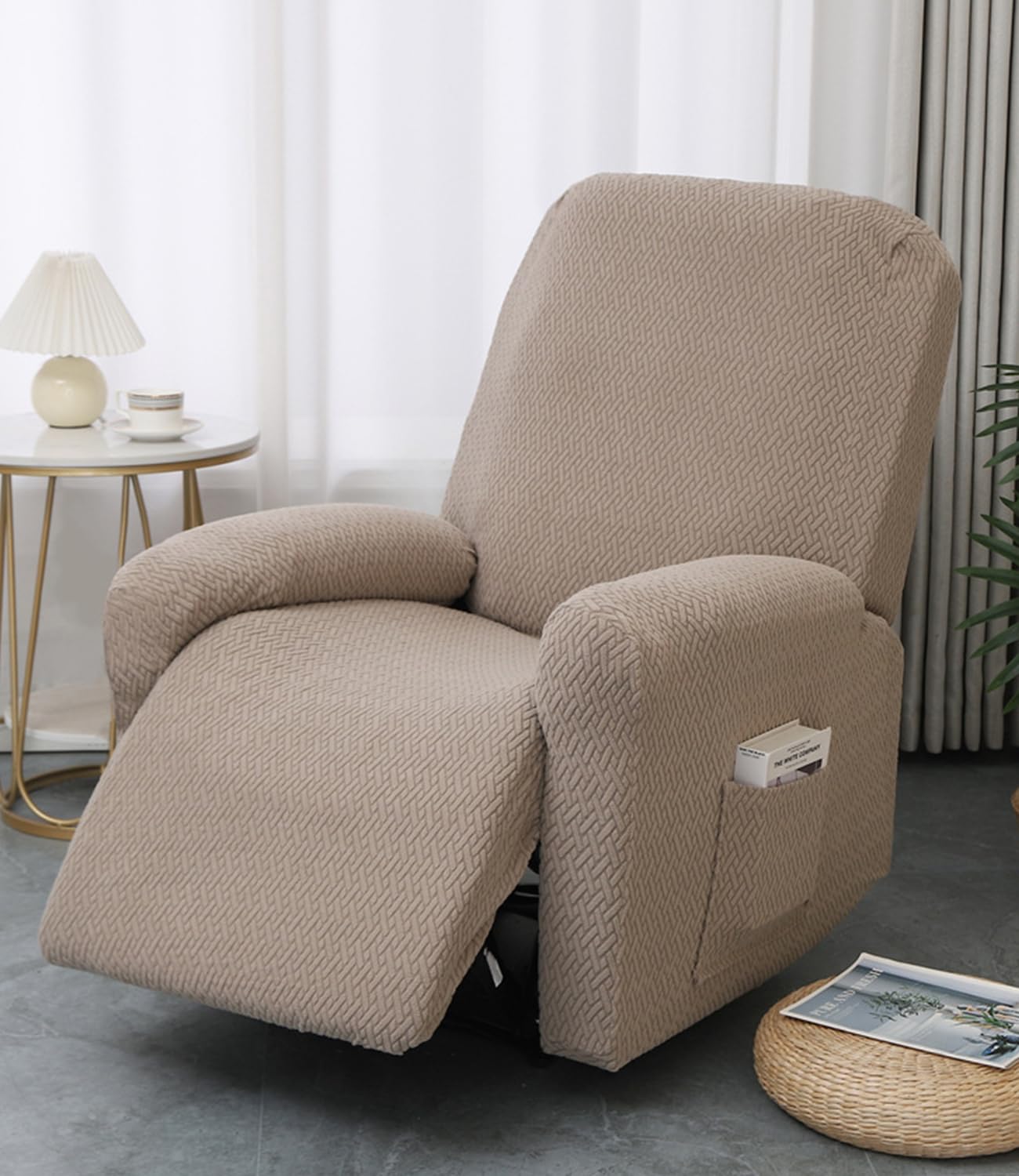 Funda Sillon Relax Reclinable, Jacquard Caqui Funda Sillon Relax 1 Plaza, Elástica 4 Piezas Funda para Sofá Reclinable con Bolsillos Laterales Extraíble