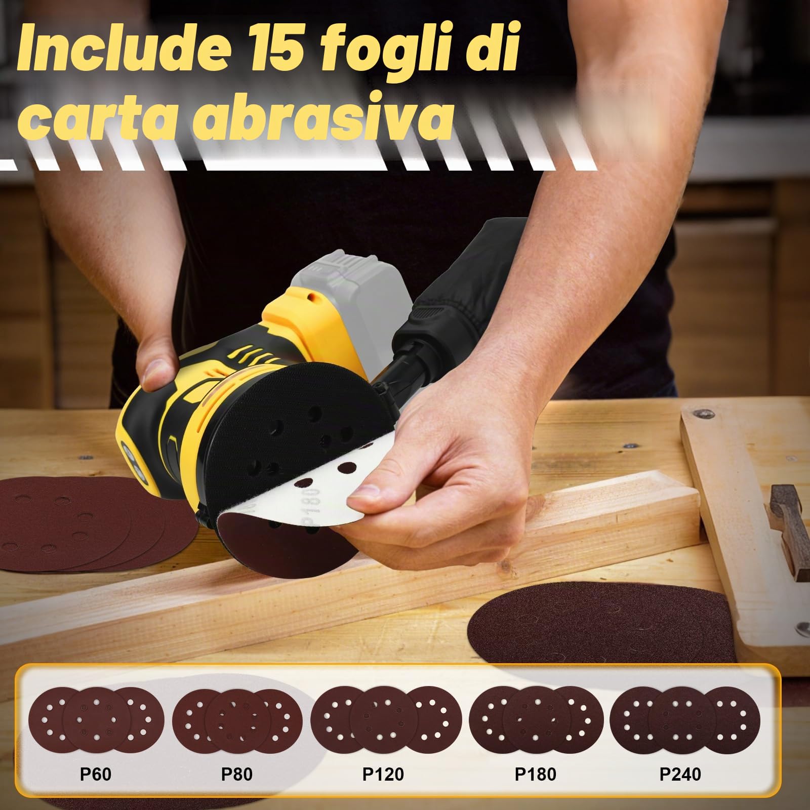 Levigatrice Rotorbitale per Dewalt 18 V, 20 V batteria, Diametro Disco 125mm, Velocità 11.000 Giri/Minuto,con 15 pezzi di carta vetrata (senza batteria)