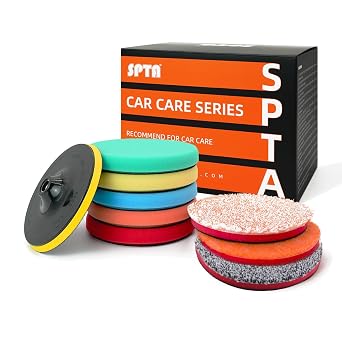 SPTA 9Pcs Polishing Pads Kit, 7 Inches Large Size Buffing Pads, Car Foam Buffing Sponge Pads Kit with 5/8"-11 Backing Plate for Car Care Polisher Boat Waxing, Polishing, Sealing Glaze
