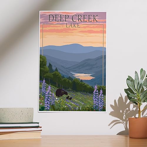 Miniatura 2 de Lantern Press 12x18 Inch Art Print Wall Decor, Deep Creek Lake, Maryland, Almost Heaven, Bears and Spring Flowers