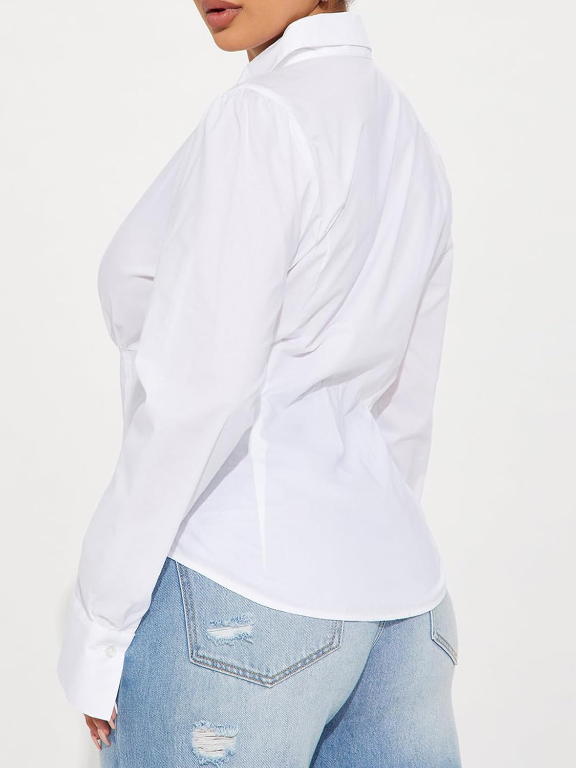 Women's Long Sleeve Button Down Shirt, Cinched Waist Blouse, Casual & Office Wear Tops - Image 3