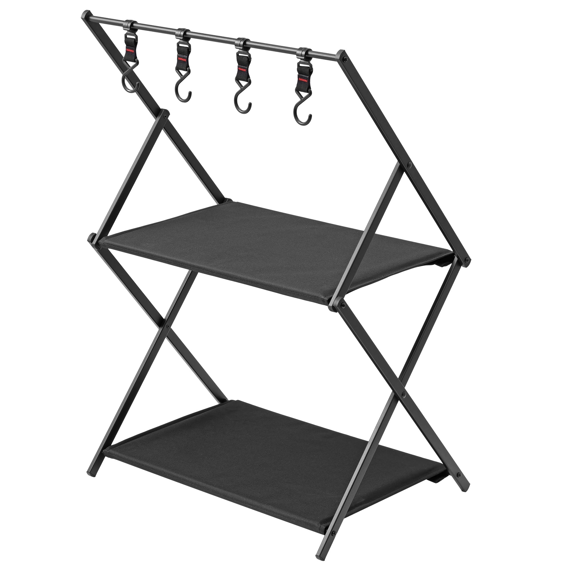 Navaris Scaffale da Campeggio Pieghevole 2 Ripiani 4 Ganci Portatile Salvaspazio Capacità Max 25 kg Nero