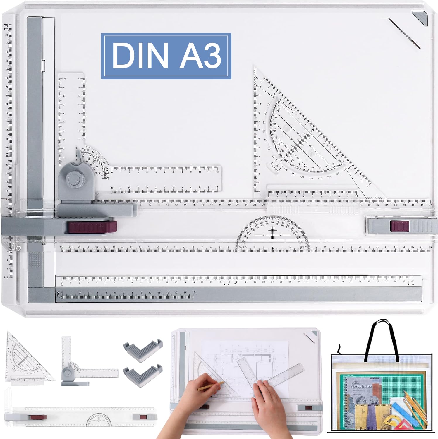 Tavola da Disegno 51 x 37 cm, Tavola da Disegno A3, Disegno Tecnico Multifunzionale con Movimento Parallelo e Angolo Regolabile, Accessori per Architetti, Ingegneri, Artisti, Studenti, Insegnanti
