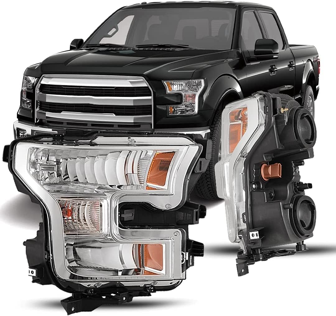 CPW Projector Headlights Assembly Fit For 2015 2016 2017 Ford F150 F-150, Functional Headlamps w/High Low Beam + Turn Signal Lights + Amber Reflector, Aftermarket Headlights Set Left+Right