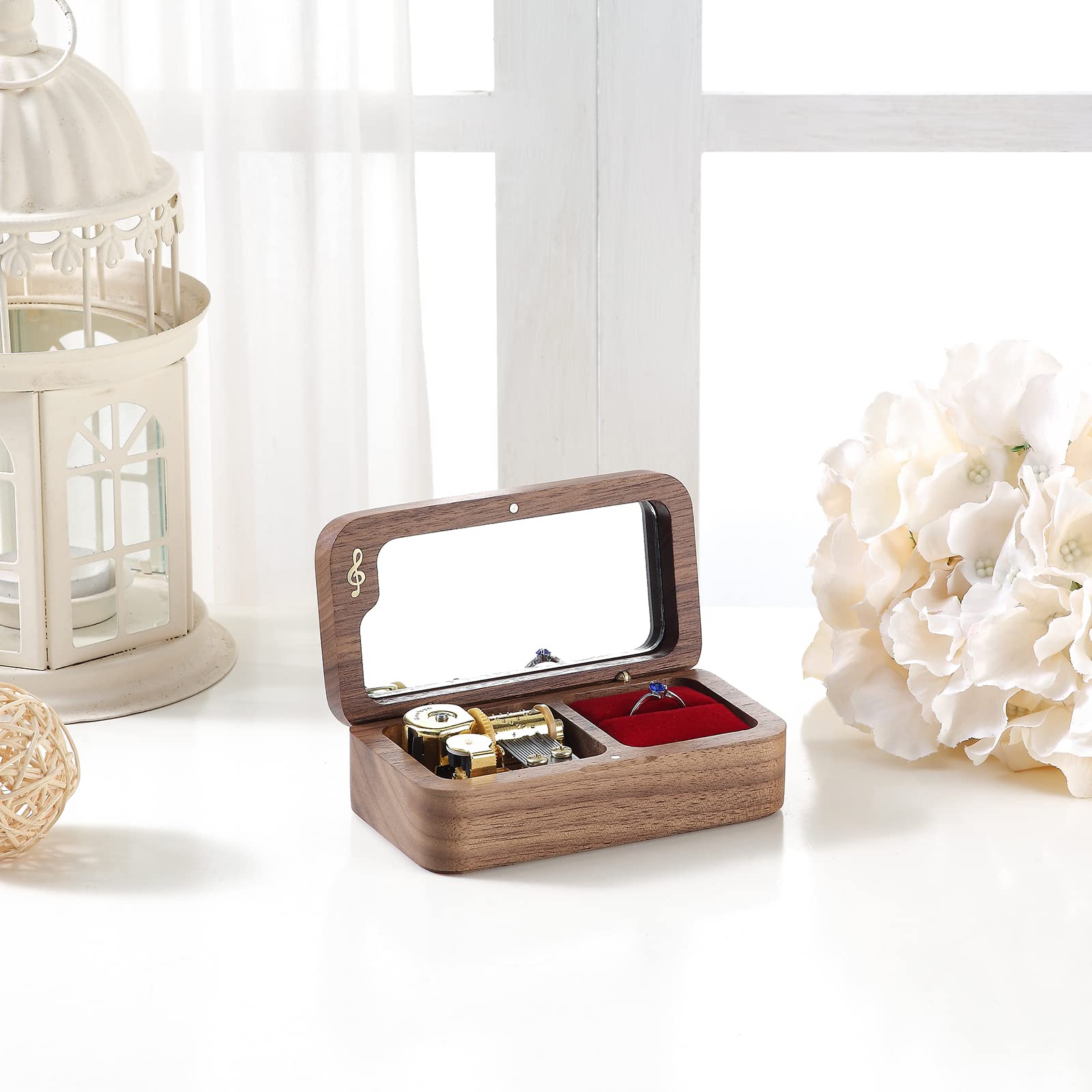 Joyero de música delicado vintage, regalo para el día de San Valentín, propuesta de compromiso, boda (madera de nogal creativa; melodía: Can't help fall in love)