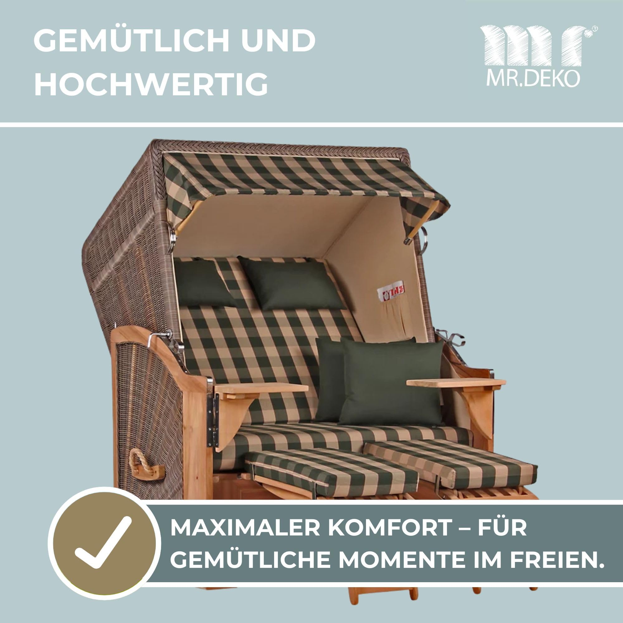 MR. DEKO® Strandkorb Seeblick 2-Sitzer Teakholz | PE Geflecht Grey | Volllieger verstellbar mit Fußablage | inkl. 4 Kissen + Wechselpolster | Strandkörbe Teak fertig montiert Strandstuhl (Dessin 506)