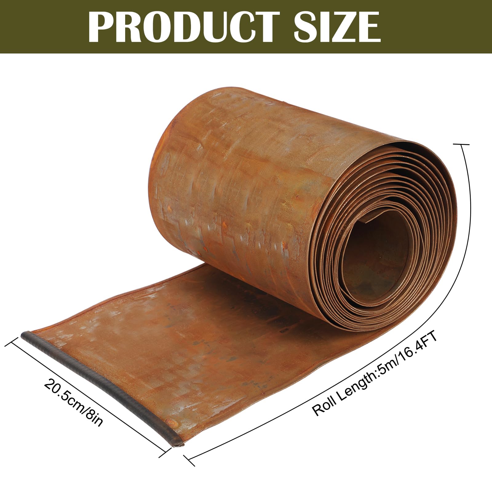 Krawędź trawnika ze stali kortenowskiej 5 m x 20 cm, obramowanie rabatki z metalu o wyglądzie rdzy, elastyczna taśma do obrzeży trawnika, w zestawie 1 para rękawiczek, do zawężania rabatek, ścieżek