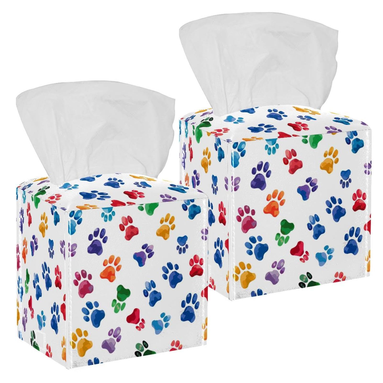Colored Paw Tissue Box Cover, 2 Pack PU Leather Square Facial Tissue Dispenser Box holder for Home Office Car
