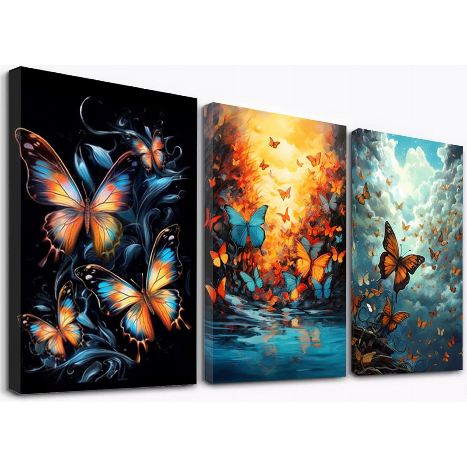 SHYAMIC 3 Piezas Cuadro Lienzo Abstracto, Escena de mariposa natural Pintura Cartel HD Impresión de Imagen Salon baño Comedor dormitorio Decoración de pared - 50x70cmx3 Enmarcado