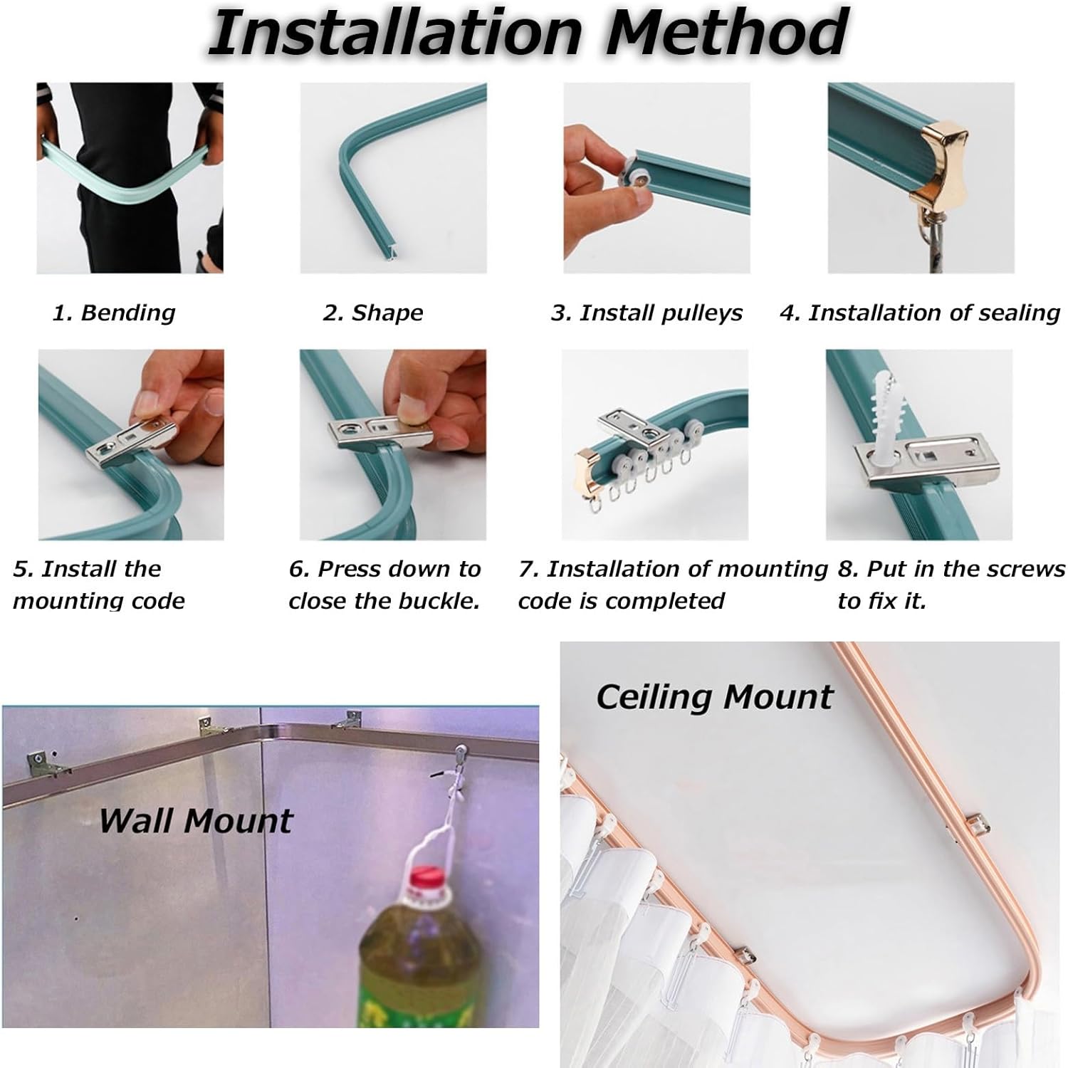 Bendable Ceiling Curtain Track - Straight Or Curved Curtain Rail 100cm-660cm For L-Shape U-Shape Bay Windows Shower Curtains And Any Space Divider, With Support Brackets