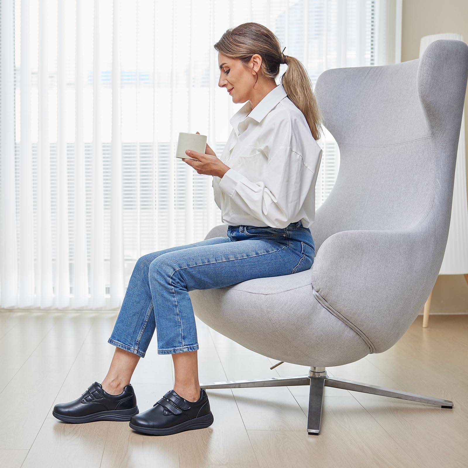 FitVille Scarpe Diabetici Donna Pelle Pianta Larga Scarpe Ortopediche Strappo Scarpe Comode da Passeggio pour Piedi Sensibili Piedi Gonfi
