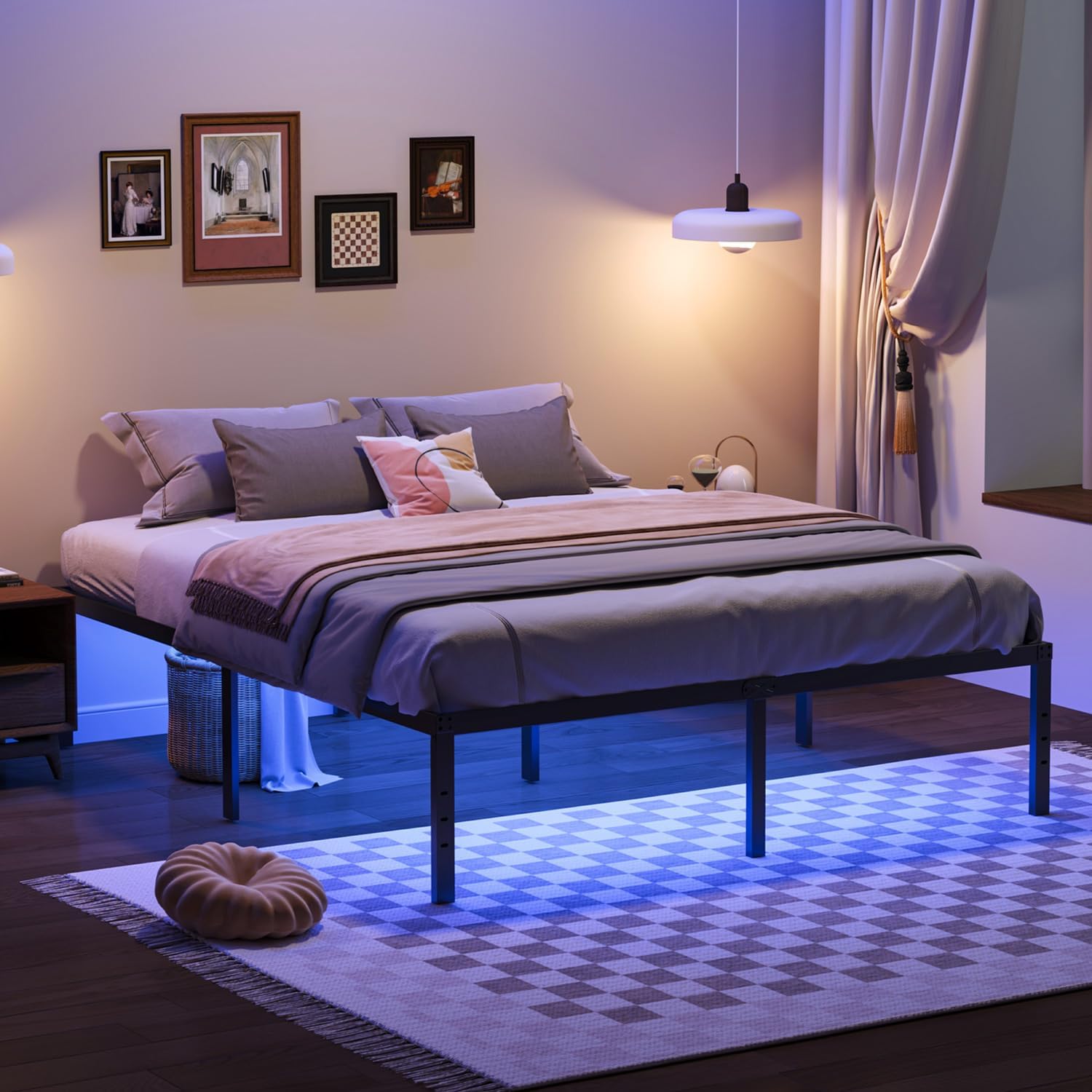 (Incomplete)Queen Bed Frame, 18 inch Bed Frame with LED Lights, Metal Platform Bed Frame Queen, Easy Assembly, No Box Spring Needed, Black Queen 18 INCH