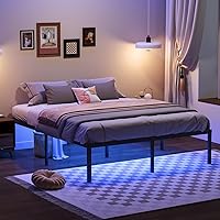 Vista 7 de Marco de cama individual de 14 pulgadas, marco de cama de metal con luces LED, plataforma de listones de acero básico resistente, enchufes y USB,
