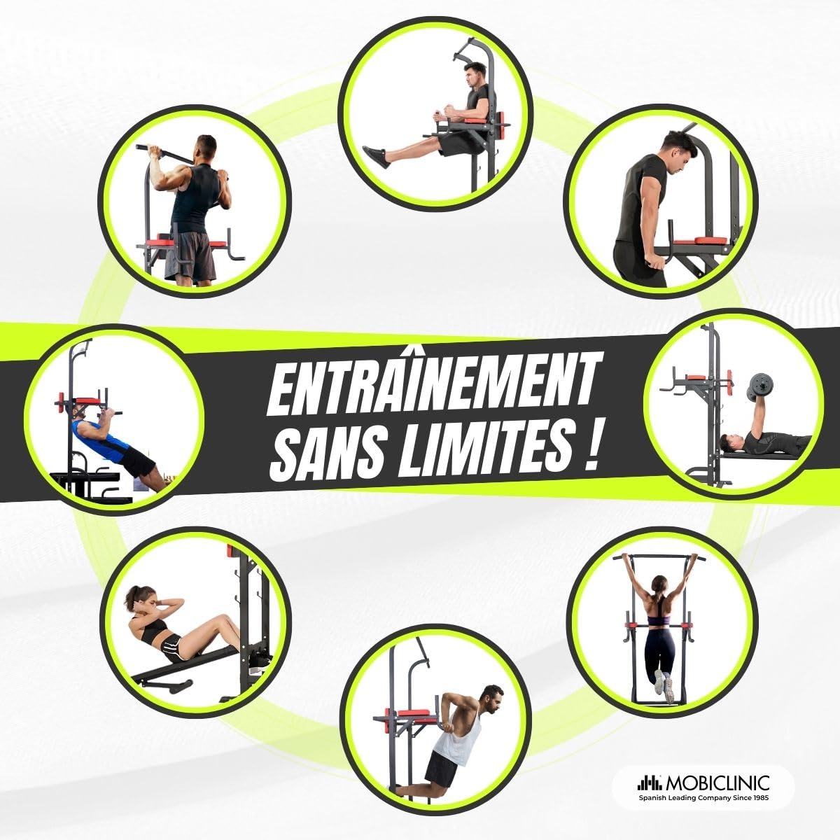 Mobiclinic®, Station de Musculation avec Banc, 9 en 1, Pliable, Domifit, Réglable 8 Hauteurs, Barre Traction, Banc Incliné, Support pour Haltères, Multifonction, Antidérapant, Rembourré