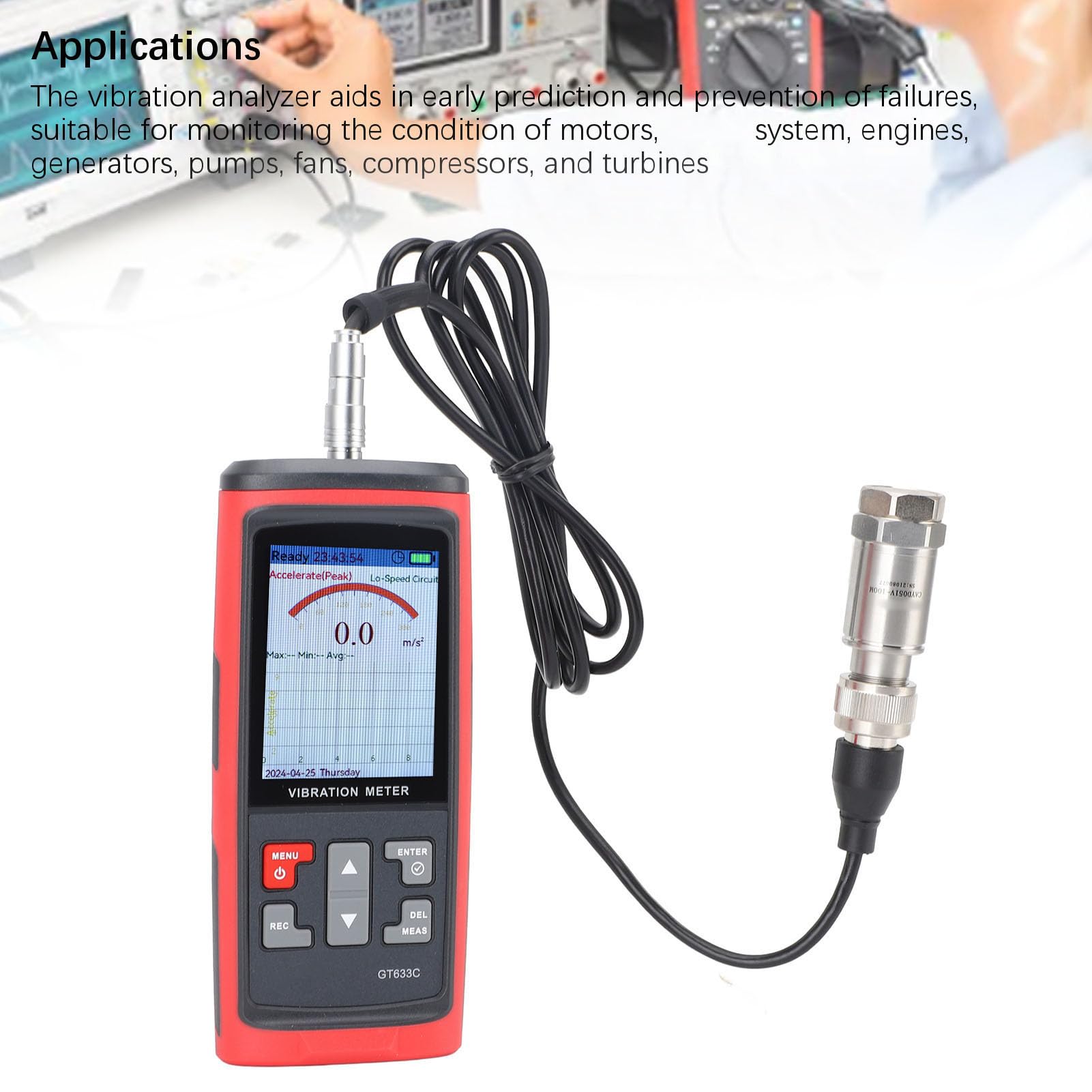 Vibrationsmesser, 5 Modi Mechanischer Schwingungsanalysator, Beschleunigungsgeschwindigkeitsverschiebungstester für HLK, Motoren, Motoren mit 8 MB Speicher, 397000 Datenpunkte,