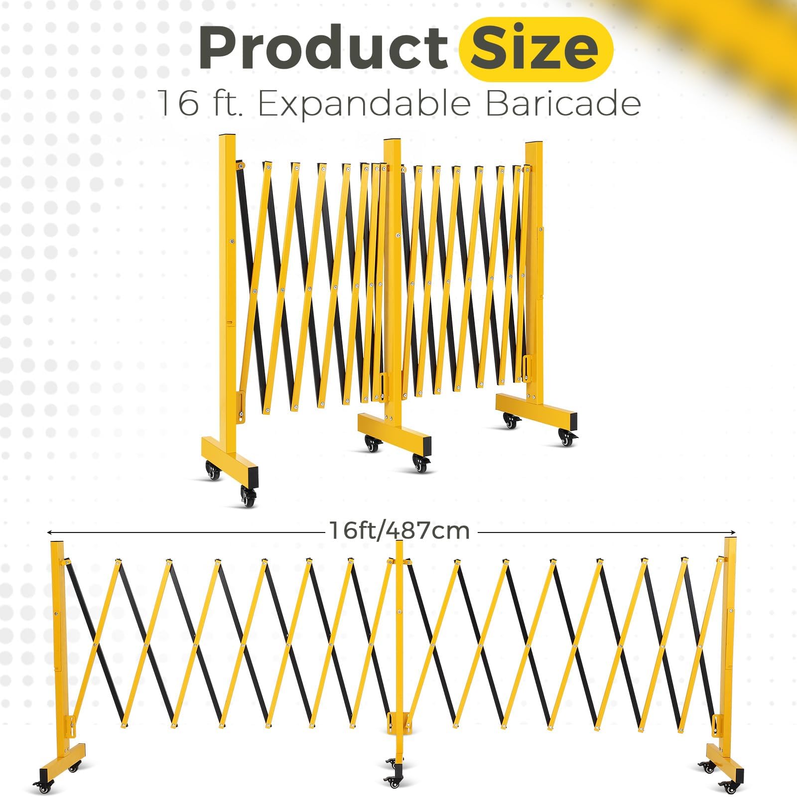 Barrera Extensible de Seguridad 16FT con 6 Ruedas, Valla Plegable de Acero de Alta Resistencia Amarillo y Negro, Barricada Móvil Retráctil para Garaje Industria Tráfico Obras