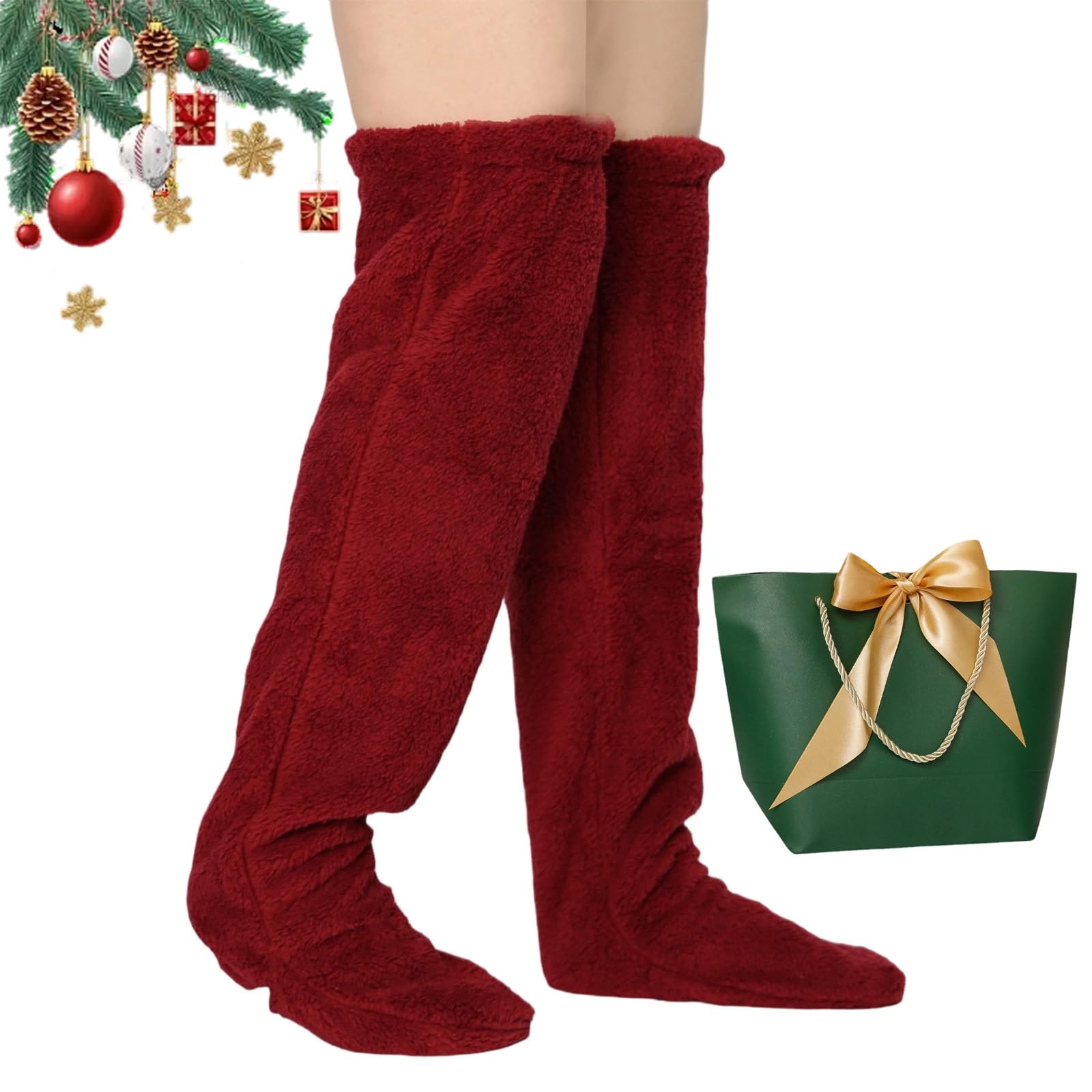Snrtevu Goose Down Knee Socks for Christmas, Socks Long Fuzzy Thigh High Warm, Plush Knee High Sock for Women, Winter Fuzzy Thermal Home Sleeping Sock (wine red)