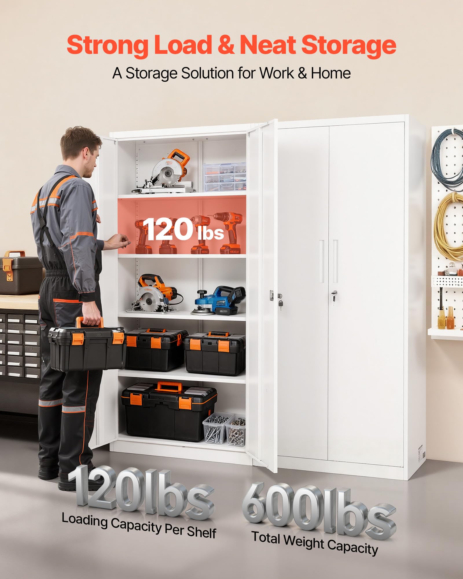VEVOR Armario de Almacenamiento Metálico de 5 Niveles 80 x 40 x 175 cm, Gabinete de Garaje de Acero con Cerradura, para Herramientas de Despensa, Almacén, Sótano, Lavandería, Oficina, Blanco