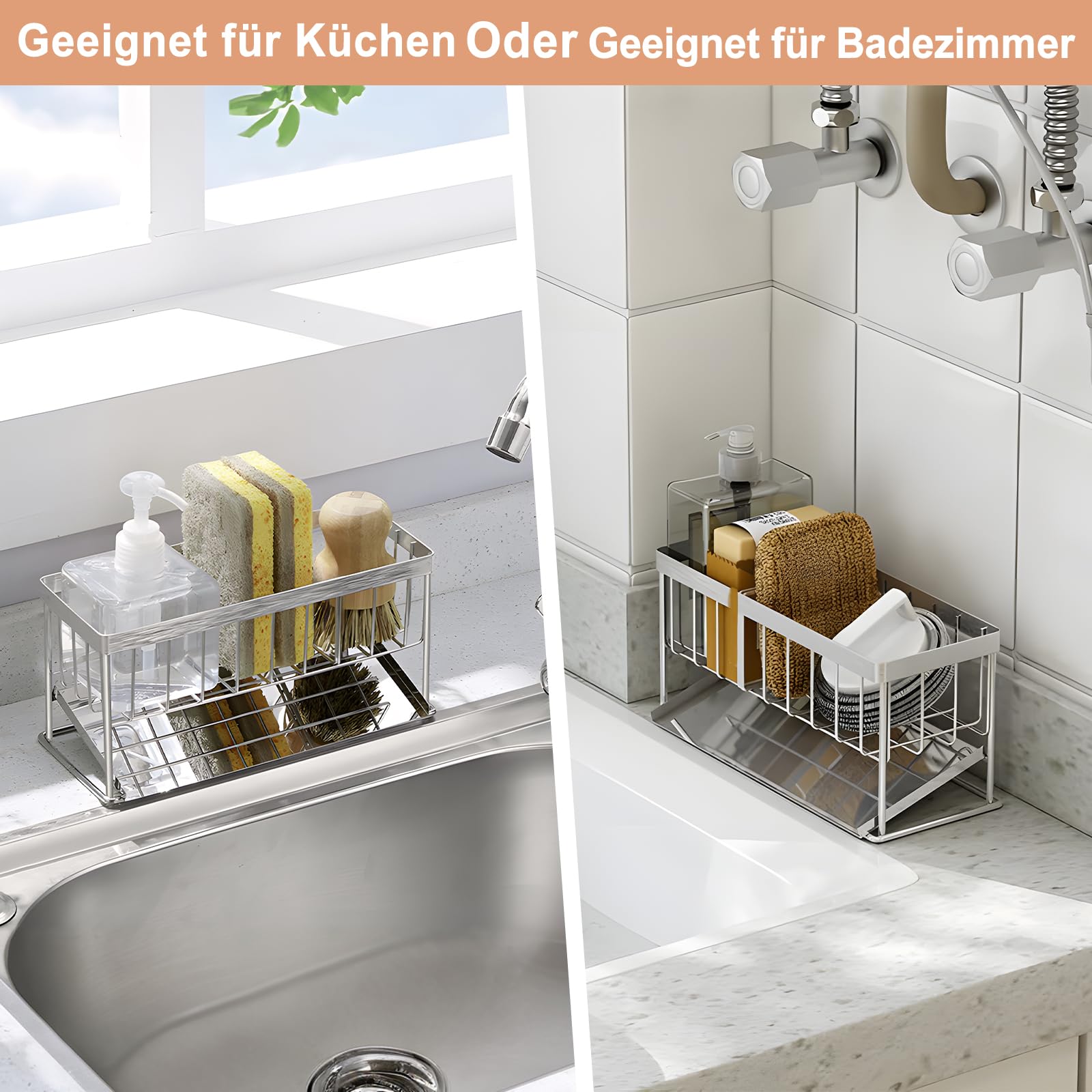 Spülbecken-Organizer, 304 Edelstahl Spülbecken Organizer mit Selbstentwässerung und großem Stauraum