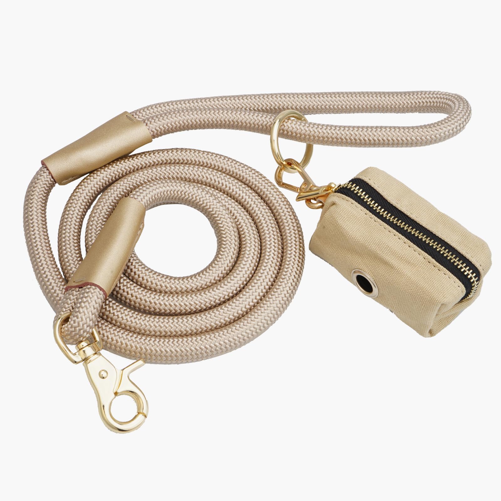 Guinzaglio per cani in corda di nylon con supporto per sacchetti per cacca, resistente, guinzaglio per cani con manico morbido, per tutte le razze (marrone chiaro, 1,5 m x 10 mm)