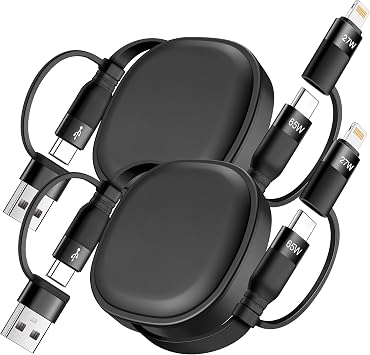 MINLU Multifunctional Charging Cable, Lightning Retractable Type, 2 Pack, 46.0 ft 1.18 m, 5 in 1 Retractable Extendable Charging Cable MFi Certified 65W Fast Charging | Data transmission synchronization Includes Lightning / Type C / USB A port for iPhone/iPad/Samsung/Sharp, etc