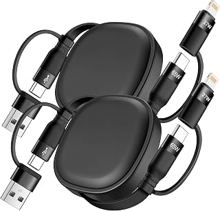 Multi Charging Cable, 2Pack 5 in 1 Retractable Lightning Chrger Cable 60W Fast Charging & Data Sync, Retractable Charging Cord Multi Car Charger for iPhone 16/15/14/13 iPads Samsung S24 S23 Tablets