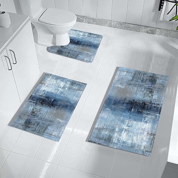 MUGINYU Blue Bathroom Rug Set 3 Piece,Navy Blue Bathroom