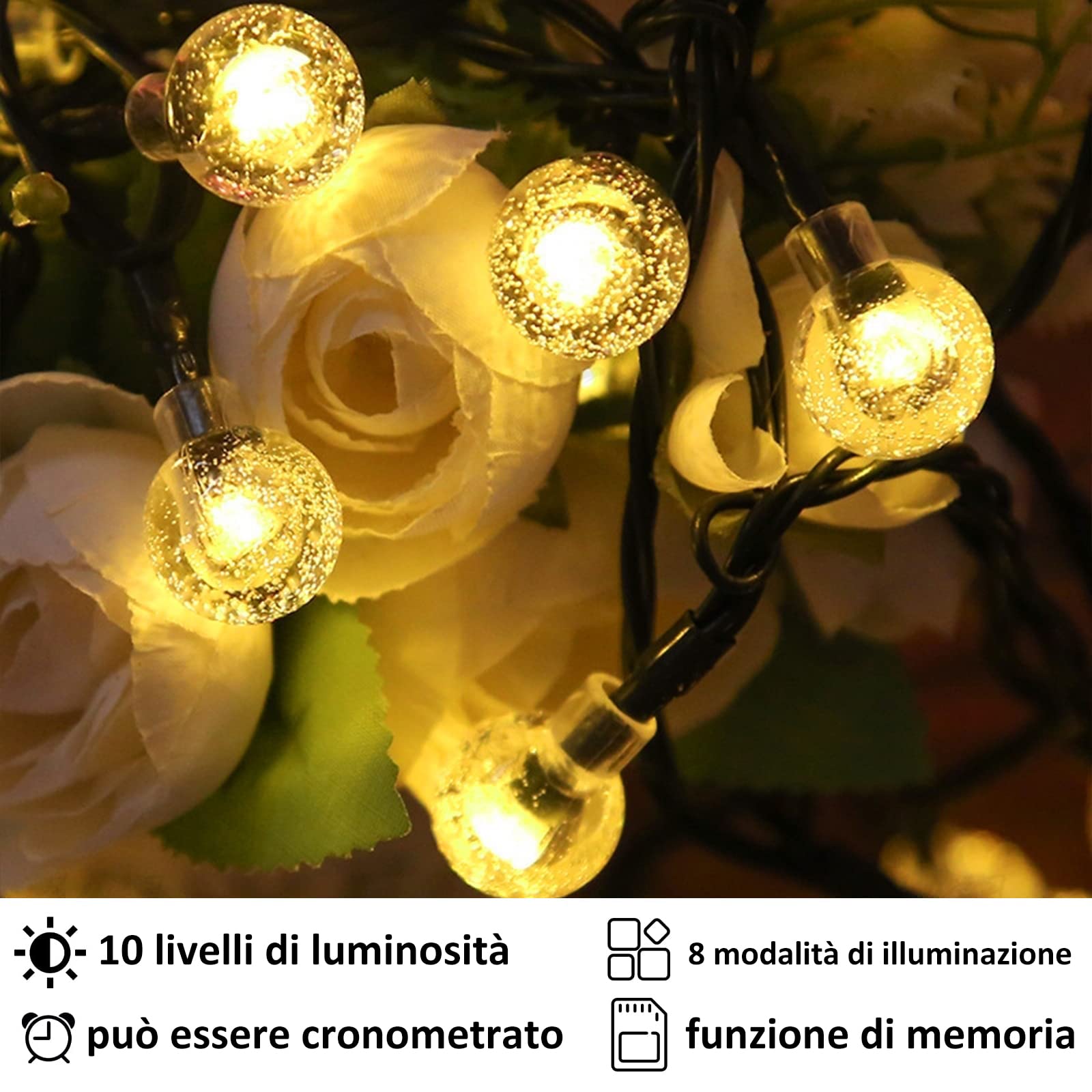 Guirlande Lumineuse 8M, 60 LED À Piles Boule De Cristal Lumière avec Télécommande 8 Modes Imperméable IP65 Ampoules, pour Noël Intérieur Extérieur Jardin Décoration, Mariage