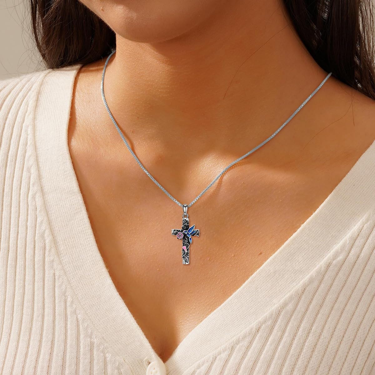 AOBOCO Hummingbird Necklace 925 Sterling Silver Black Vintage Cross Hummingbird Pendant Christian Religious Jewelry Gift for Women - Image 5