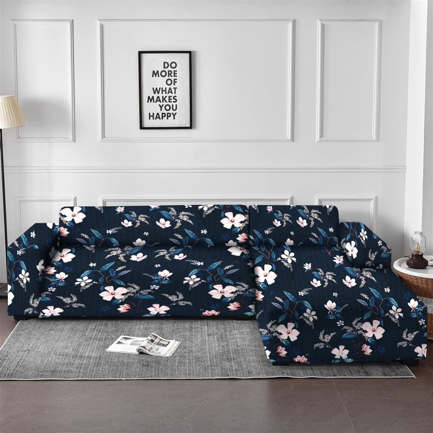 Lukzer L-Shaped Sofa Cover - Navy Blue Flower -2