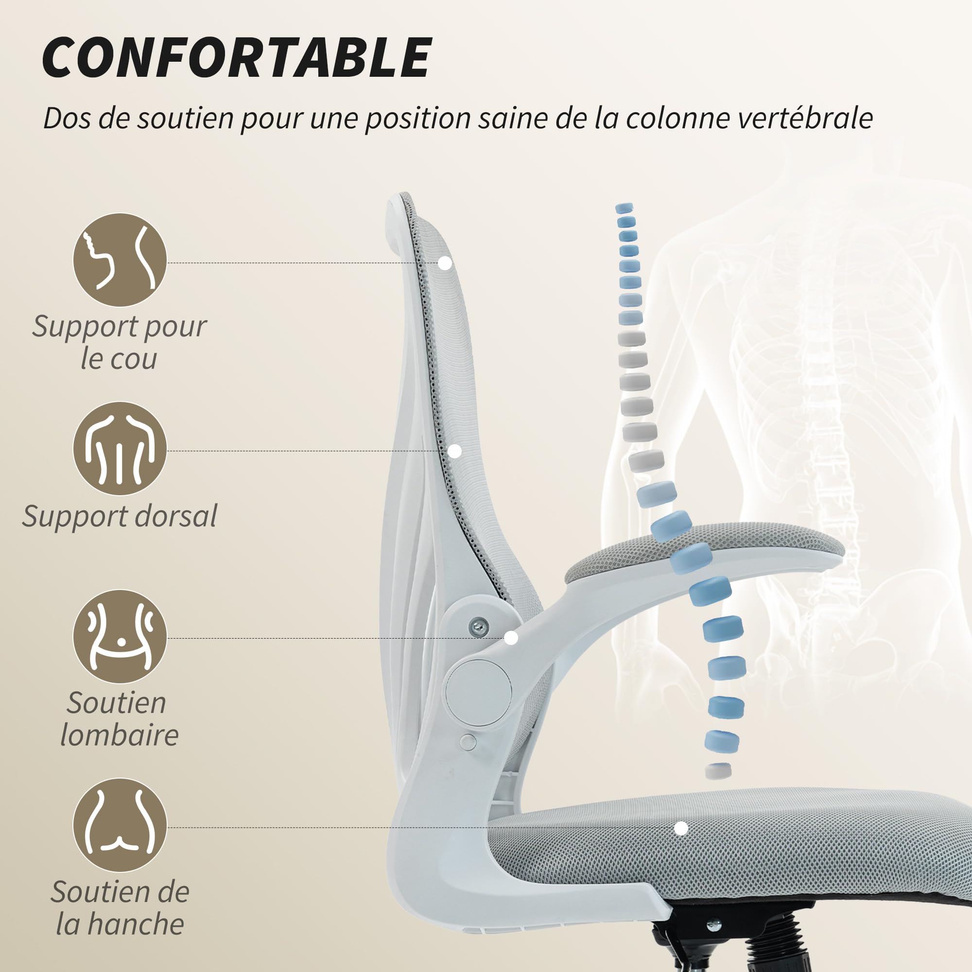 HOMCOM Chaise Bureau Ergonomique Dossier Rabattable Gris Clair