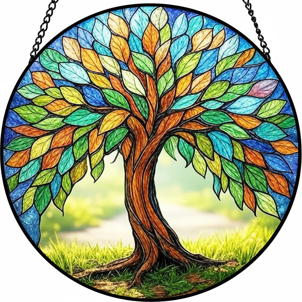 Vitrail arbre de vie coloré panneau rond en verre suspendu de 30 cm