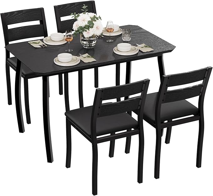 GarveeHome Dining Table Set for 4, 5 Piece Metal Frame Kitchen Table and Chair Set, Chamfer Design Space-Saving Dining Room Furniture for Small Spaces, Apartment, Studio, Breakfast Nooks, Black