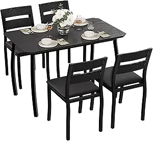 GarveeHome Dining Table Set for 4, 5 Piece Metal Frame Kitchen Table and Chair Set, Chamfer Design Space-Saving Dining Room Furniture for Small Spaces, Apartment, Studio, Breakfast Nooks, Black