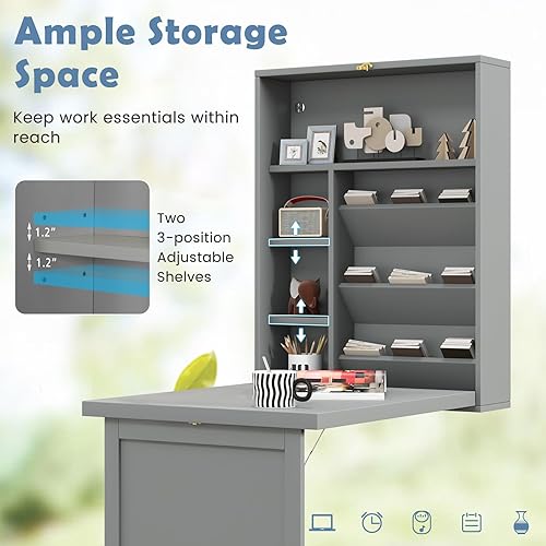 Miniatura 9 de Tangkula Escritorio montado en la pared, escritorio flotante convertible plegable, escritorio Murphy multifunción para oficina en casa, escritorio