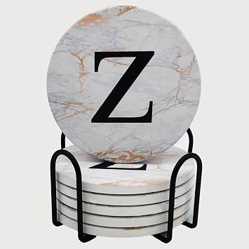 Monogrammed Coasters for Drinks Absorbents with Holder, Set of 6 Ceramic Drink Coasters for Coffee Table,Personalized Coasters Customizable with Name,Initial Letter Z